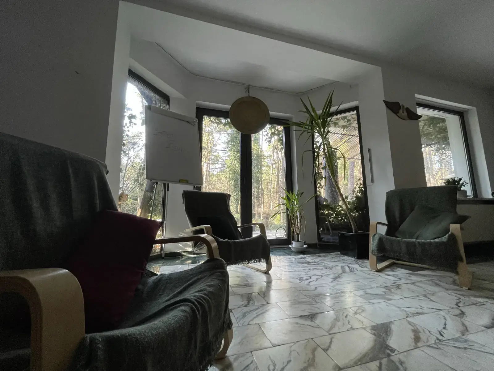 Salon terapeutyczny ośrodka z fotelami i widokiem na las
